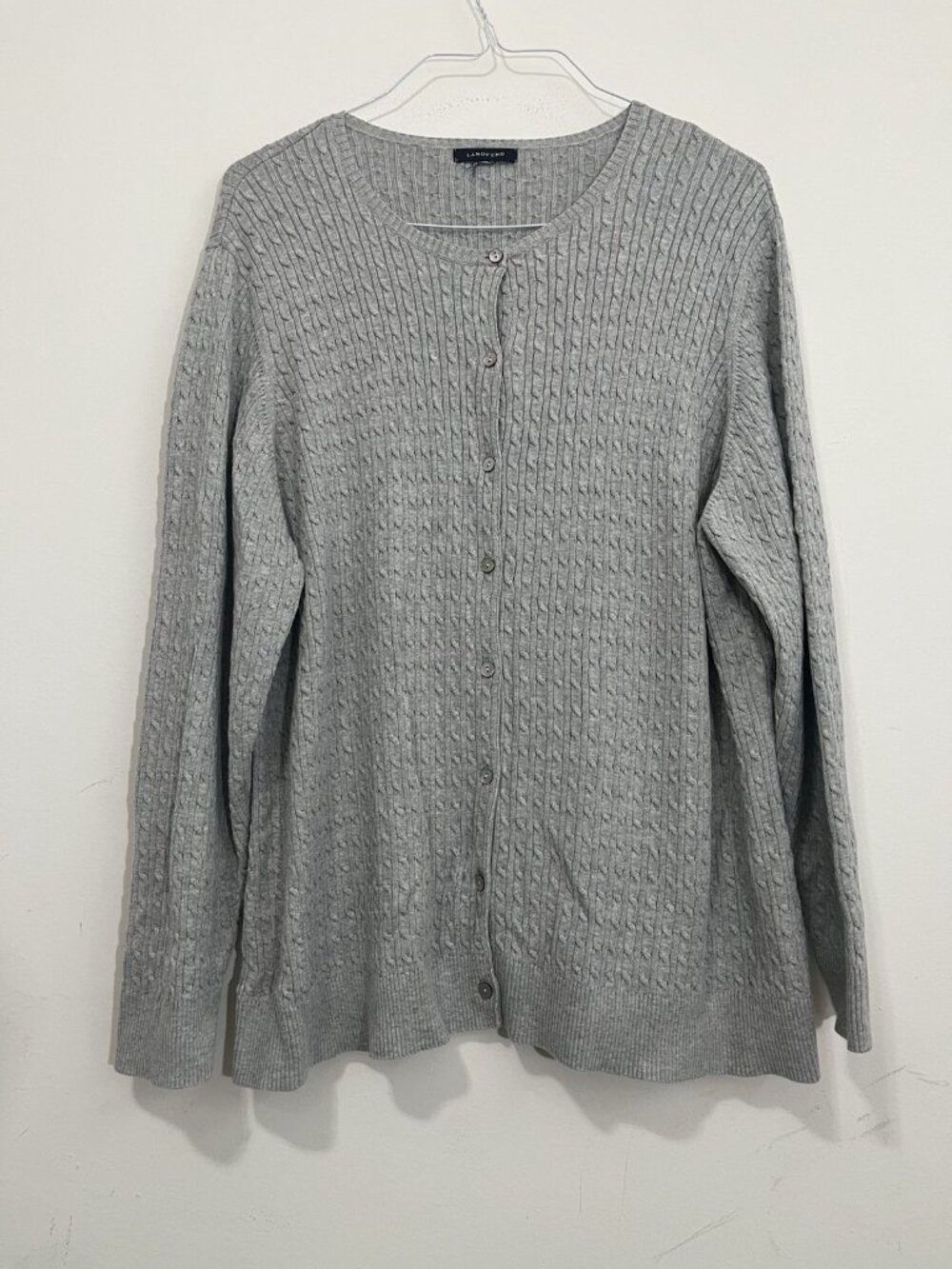 Lands End Cardigan Sweater Womens 2X Gray Button Front Cable Knit Preppy Cotton